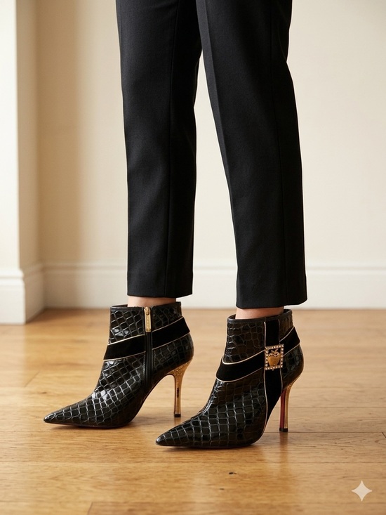 Apple Bottoms Shoes - Apple Bottoms Black Croc-Embossed Pointed Ankle Booties with Gold Heart Accent